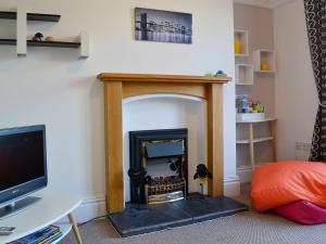 a living room with a fireplace with a tv at Zonnebloem in Cefn-y-bedd