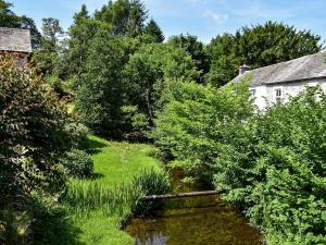 a stream in the middle of a village with trees at Conn Cottage in Bampton