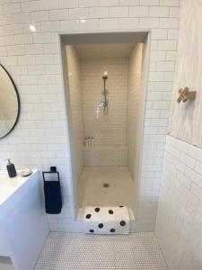 uma casa de banho com um chuveiro, um lavatório e uma banheira em Rooster Beach - Hope Town, Elbow Cay em Lubbers Quarters Cay