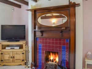 a fireplace in a living room with a tv at Puffin Cottage in Bempton