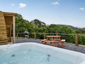a jacuzzi tub with a picnic table and a grill at Valley View - Uk34178 in Cilycwm