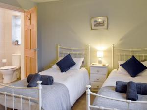 a bedroom with two beds with blue pillows at Ty Ni in Dyffryn