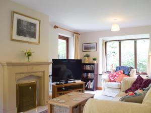 a living room with a fireplace and a tv at Kuliguni in Ross on Wye