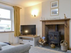 a living room with a television and a fireplace at Holly Cottage in Cockermouth