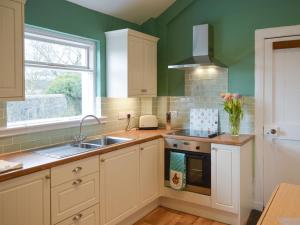 a kitchen with green walls and white cabinets and a sink at The Dairy House in Creebridge