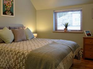 a bedroom with a bed and a window with a plant at Howe Cottage in Laurencekirk