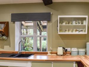 uma cozinha com uma janela, um lavatório e um balcão em Elderberry Cottage em Carnbrea