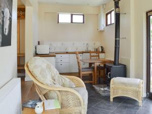 uma sala de estar com uma cadeira e um fogão a lenha em Borran Annexe em Colton