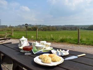 una mesa de picnic con comida en ella con vistas a un campo en The Dairy Barn, en Burlescombe