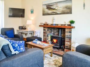 a living room with two couches and a fireplace at Hammys Cottage in Drummore
