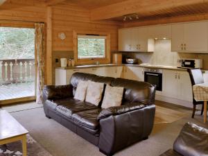 a living room with a leather couch in a kitchen at Holme Garth Lodge in Legbourne
