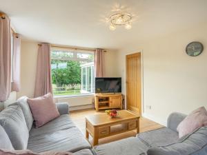 a living room with a couch and a tv at Meadowcroft in Bettws Disserth