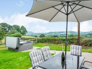 a table and chairs with an umbrella and a television at Meadowcroft in Bettws Disserth