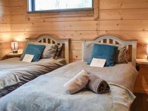 Pine Lodge - Uk30007 في Lindal in Furness: سريرين في غرفة بجدران خشبية