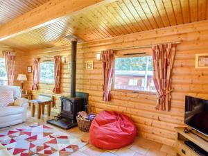 a log cabin living room with a woodburning stove at Cherry Lodge- Uk37608 in Legbourne