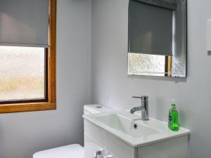 a bathroom with a sink and a toilet and a mirror at Belger Cottage in Inverallochy