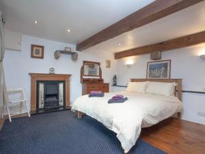 um quarto com uma cama grande e uma lareira em Higher Broadaford Barn em Ivybridge