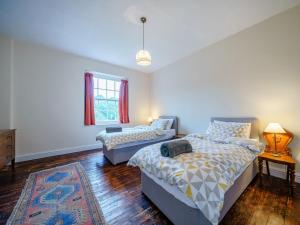 Skenfrith的住宿－Malt House，一间带两张床的卧室和地毯