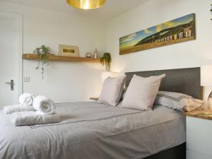 um quarto com uma cama grande e toalhas em Lawn Vista Cabin em Barnstaple