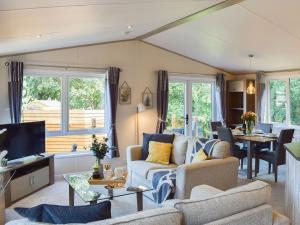 a living room with a couch and a tv at Riverside Lodge in Auchterarder