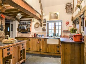 a large kitchen with wooden cabinets and a counter top at Waen Farm Cottage in Tremeirchion