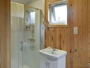 a bathroom with a shower and a sink and a toilet at Shepherds Hut 2 At Laddingford - Uk32534 in Yalding