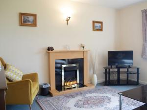 a living room with a fireplace and a tv at The Byre in Pencombe