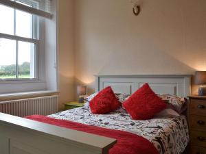 Un dormitorio con una cama con almohadas rojas y una ventana en Blaithwaite Cottage, en Blencogo