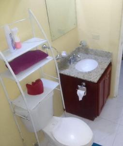 a bathroom with a toilet and a sink and a mirror at Simpson's residence in Lucea