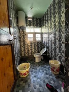a bathroom with a toilet and a tub at Everest Guest House in Gulmarg