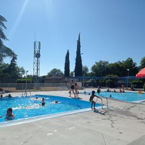 eine Gruppe von Personen in einem Schwimmbad in der Unterkunft CAMPING LE BEL AIR mobil home LE FIGUIER 6 personnes in Limogne-en-Quercy