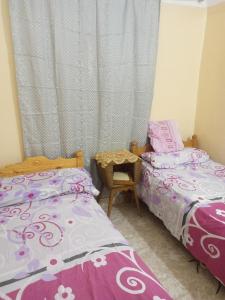 1 dormitorio con 2 camas, silla y ventana en HORUS Nubian Guest House, en Asuán