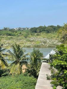 un puente sobre un río con palmeras a un lado en RIVER VIEW HOME STAY SERVICE APARTMENT en Madurai