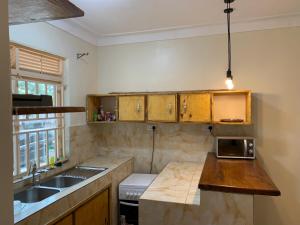 a small kitchen with wooden cabinets and a sink at Green Haven in Mbale