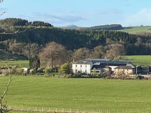 a white house in the middle of a green field at Cosy 2-Bed Cottage with Garden near Carlisle in Longtown