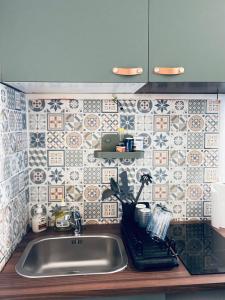 uma cozinha com um lavatório e uma parede em azulejo em Charmant studio 2 pièces em Grenoble
