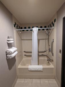 bagno con vasca, doccia e asciugamani di Woodfield Inn and Suites a Marshfield