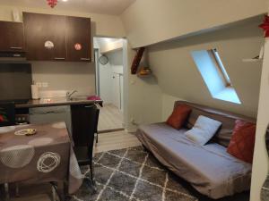 ein kleines Wohnzimmer mit einem Sofa und einer Küche in der Unterkunft Azede in Niederhergheim