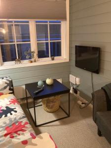 a living room with a couch and a table and a tv at Oppdal Alpintun in Oppdal