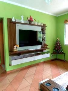 un salon avec une cheminée et un arbre de Noël dans l'établissement Chácara de Temporada - Mairiporã, à Mairiporã