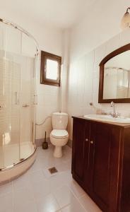 a bathroom with a toilet and a sink and a shower at Muses Apartments in Pisoderi