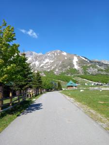 an empty road with a mountain in the background at Family Farm Apartments in Žabljak