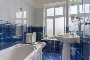 a blue tiled bathroom with a toilet and a sink at Relaxing Private Country Escape with Hot Tub in Roscommon +28 photos