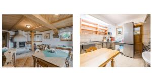 two pictures of a kitchen and a dining room at Galicówka na Górce in Biały Dunajec