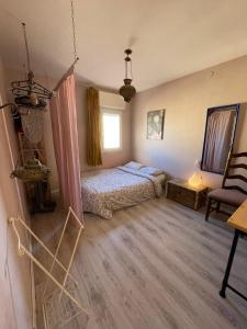 um quarto com uma cama e uma cadeira em The Flying Carpet - Crater Camel Mount View em Mitzpe Ramon
