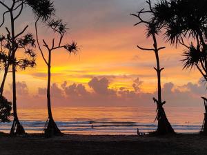 a sunset on the beach with palm trees at Walden Koh Lanta - Tiny Homes by the Sea in Ko Lanta