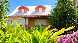 uma casa com telhado vermelho e algumas plantas em Charmante villa avec accès direct à la mer em Sainte-Rose