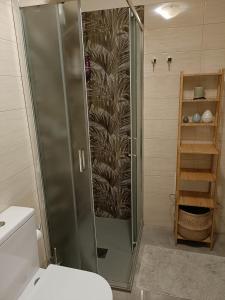 una ducha con puerta de cristal en un baño en Inna's rooms in the History center, en Catania