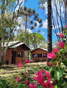 a cabin in the woods with pink flowers at Cabanas dos Pinheiros in São Francisco de Paula