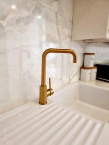 um lavatório com uma torneira de ouro numa cozinha em Unique Victorian Home in Glasgow em Glasgow